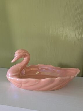 Vintage Pink Lusterware Ceramic Swan Trinket Dish Marked Faberge On Bottom